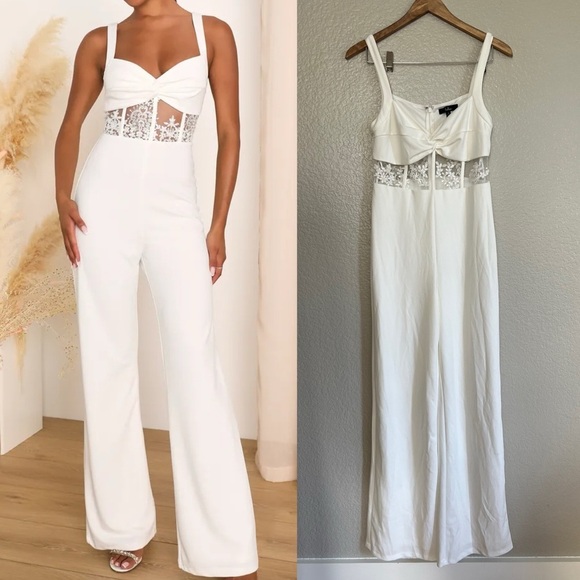 NWOT Adore the Feeling White Sheer Lace Bustier Twist-Front Jumpsuit - Picture 1 of 8